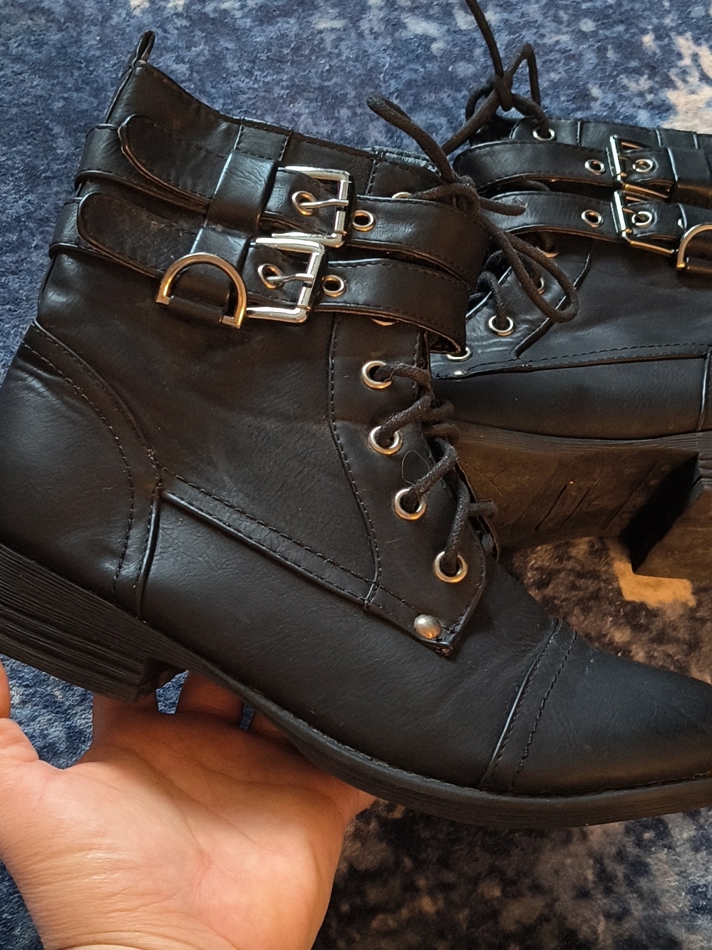 Women’s Black Lace-Up Moto Ankle Boots with Buckle Straps